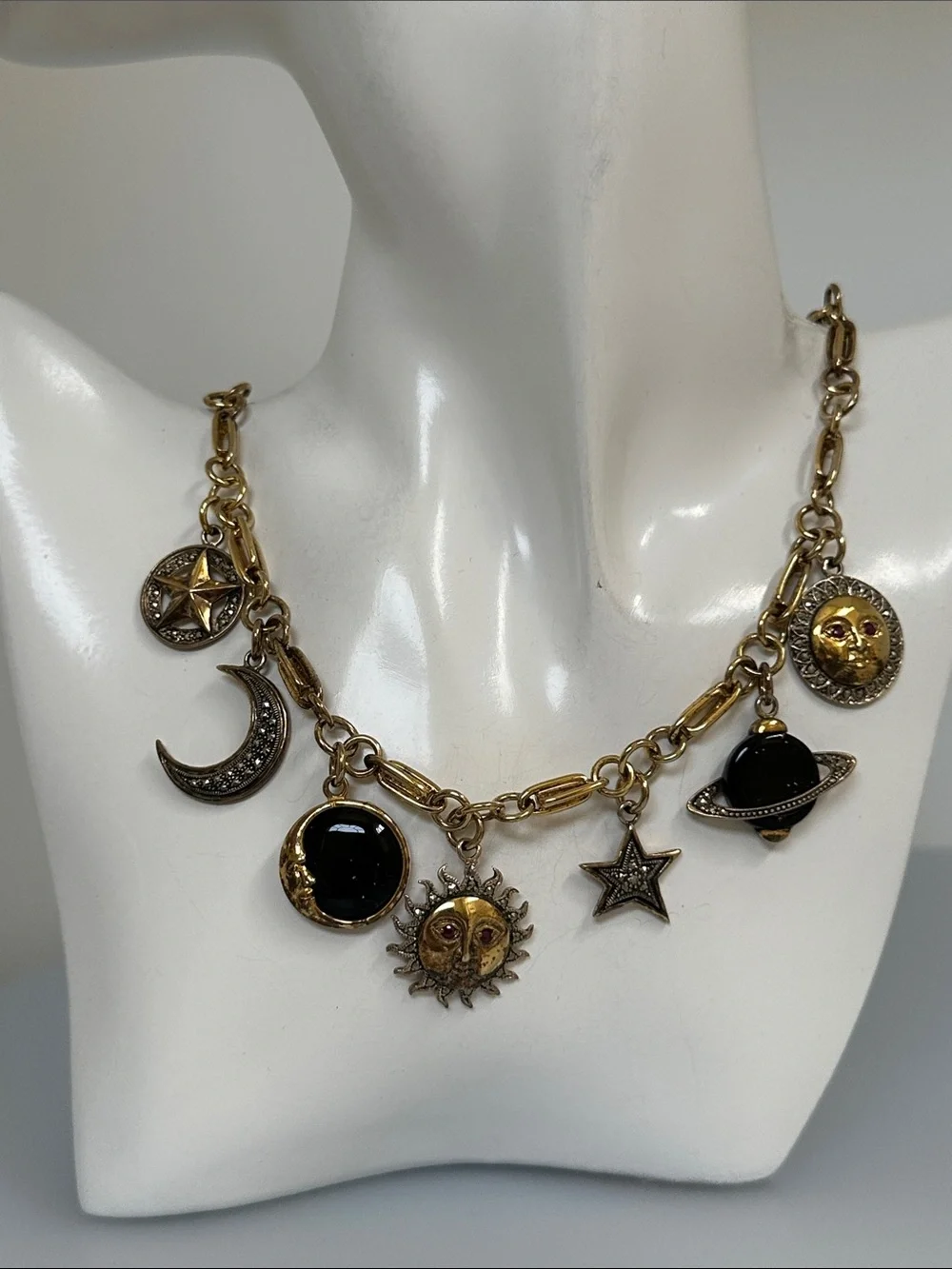 Vintage Celestial Charm real RUBYS Gold 925 GF  ONYX Gems Necklace